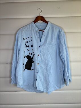 Blue Cotton Cat Butterfly Button Down Shirt XL Cottagecore